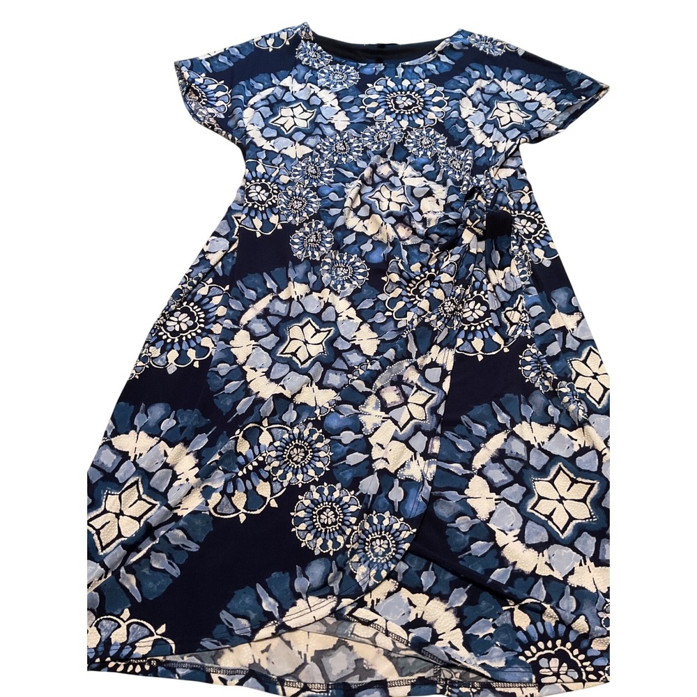 Robbie Bee Blue White Floral Print Short Sleeve Knee‎ Length Dress Women's M